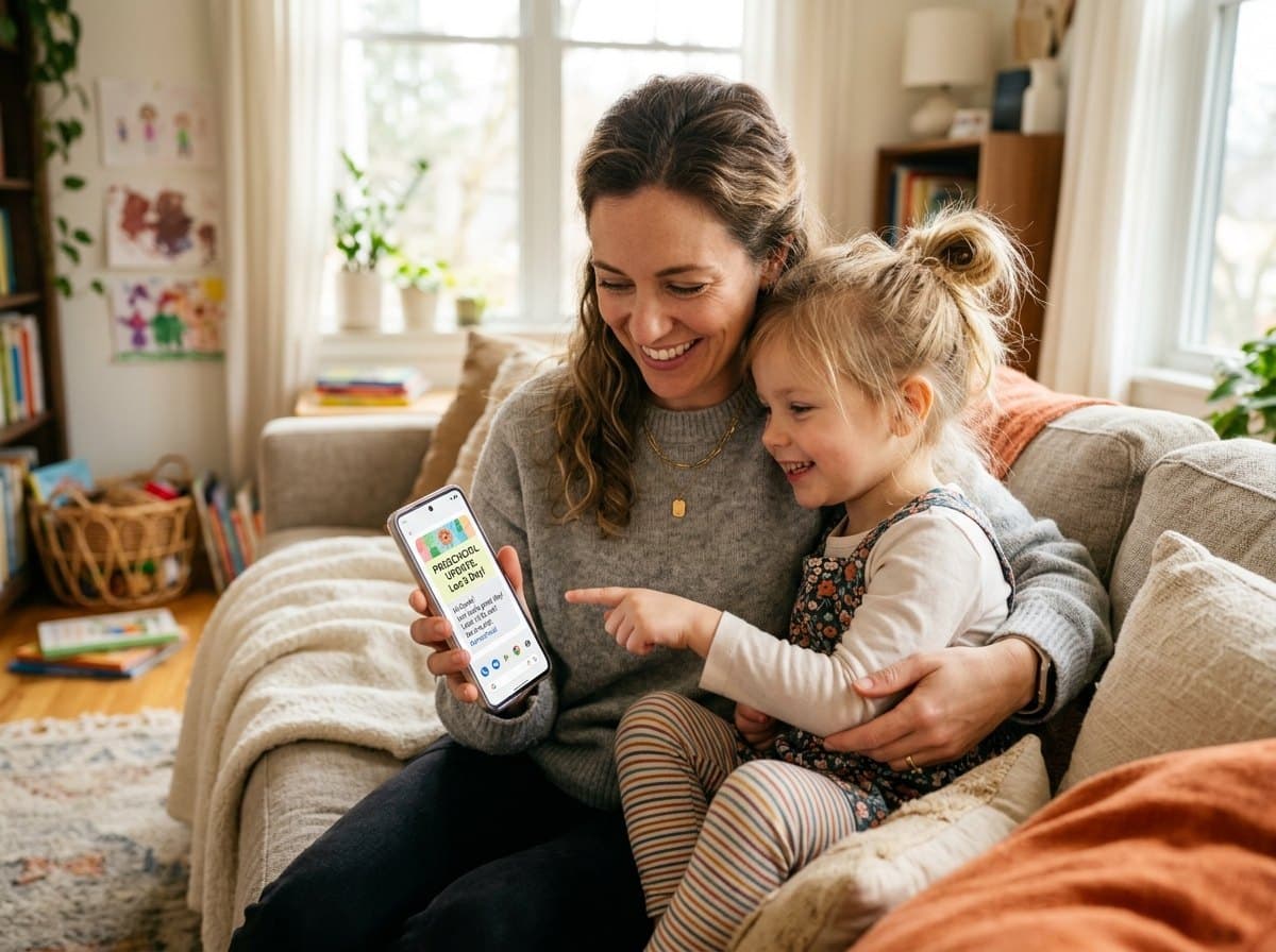 A parent and child on a sofa looking at a preschool update on a phone